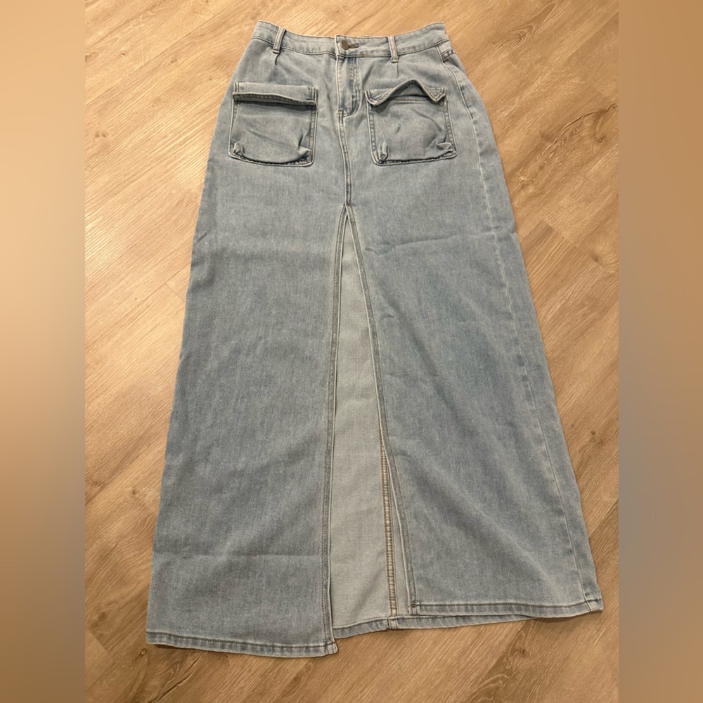 Denim Maxi Skirt with Front Slit
